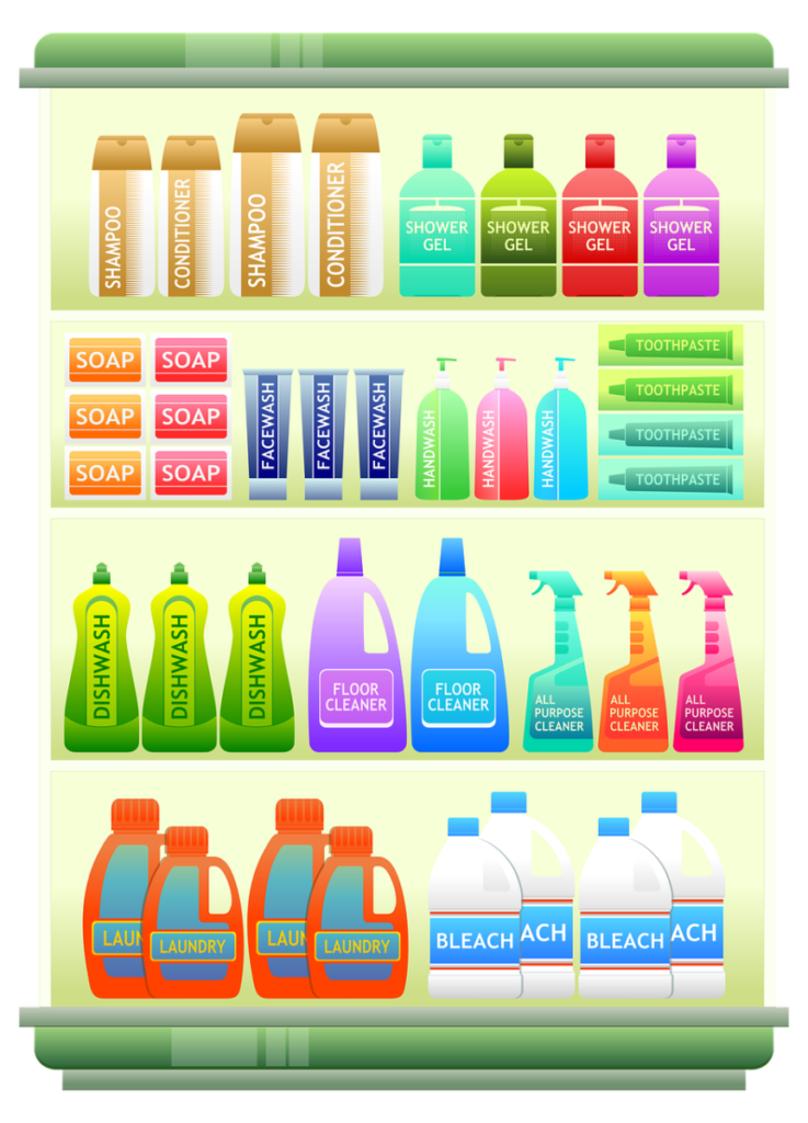 棚に並ぶ複数の洗剤のイラスト
